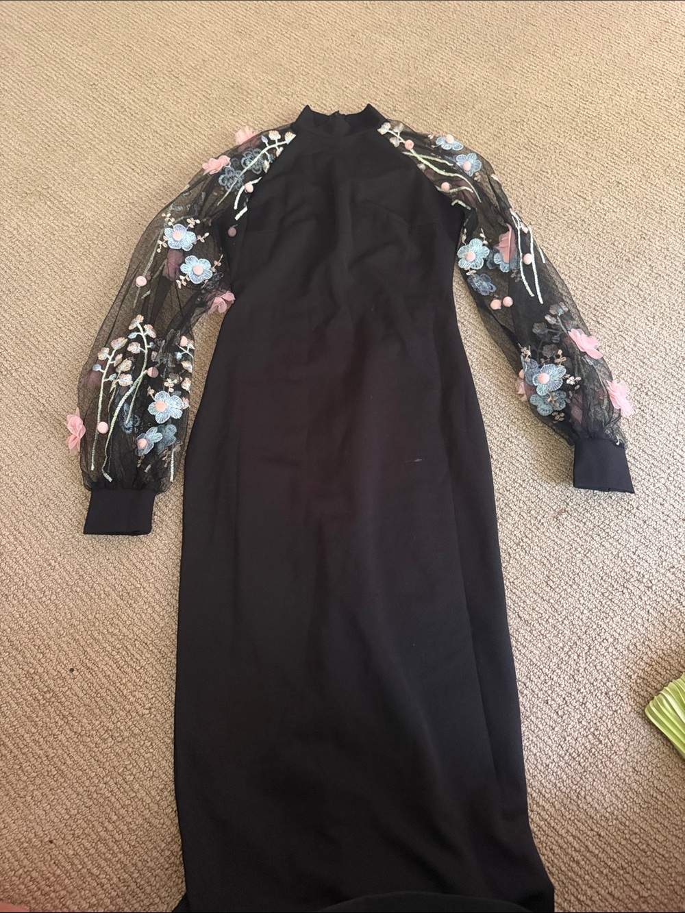 Black Midi Dress with Sheer Floral Embroidered Sleeves
